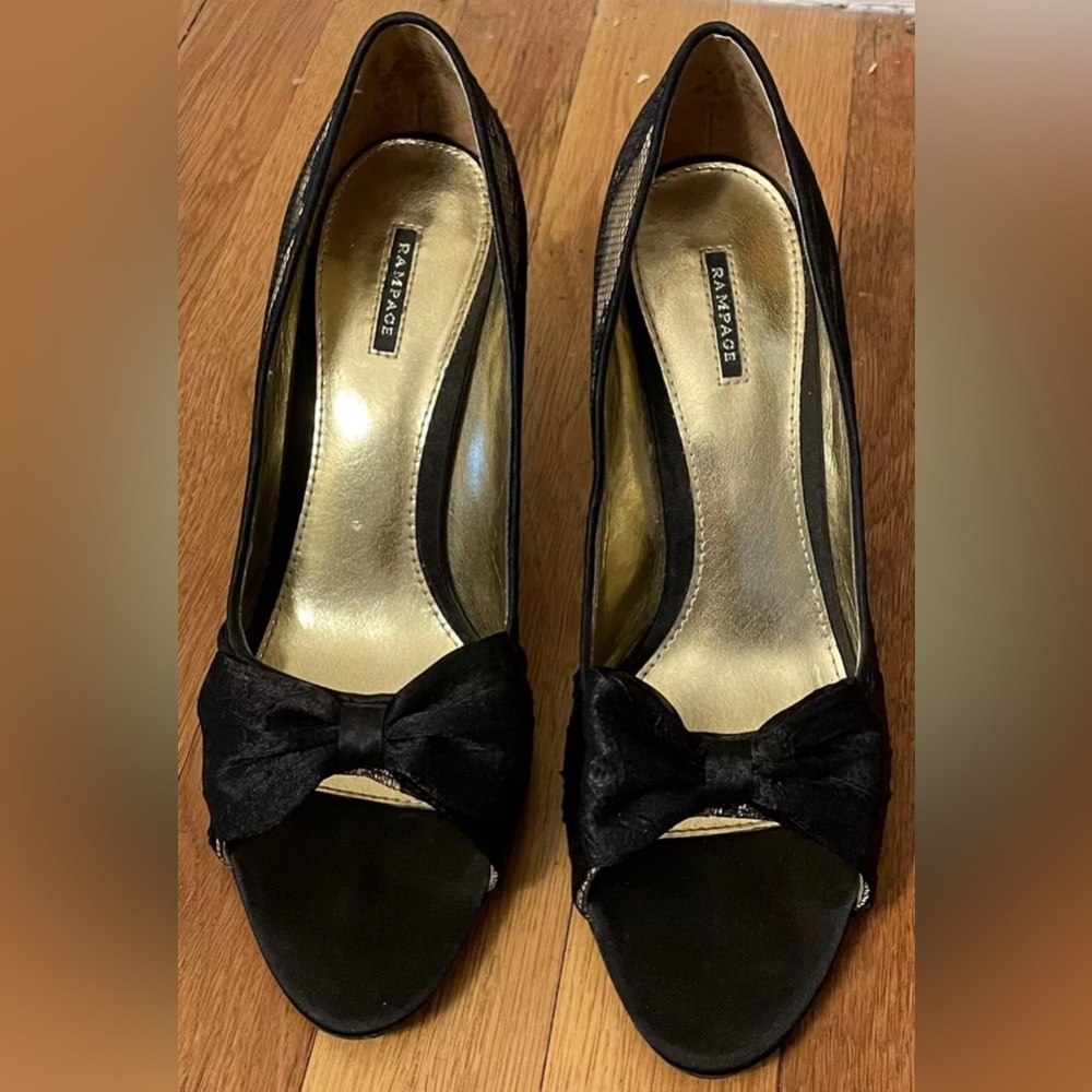 RAMPAGE Cass black lace peeptoe bow shoes heels pumps 9 m
